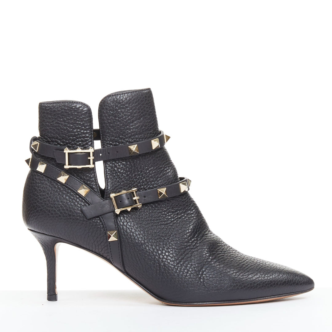 VALENTINO black textured calfskin gold buckle studded short ankle boots EU37