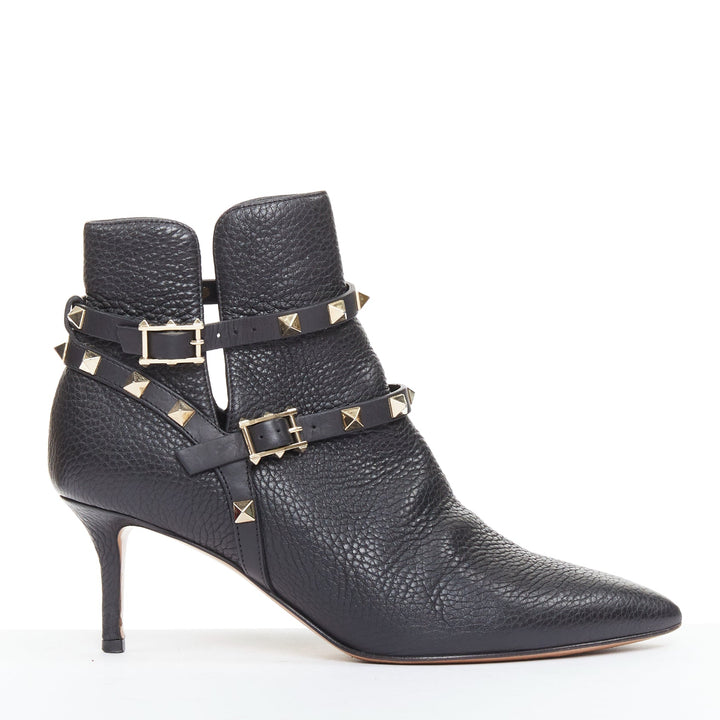 VALENTINO black textured calfskin gold buckle studded short ankle boots EU37