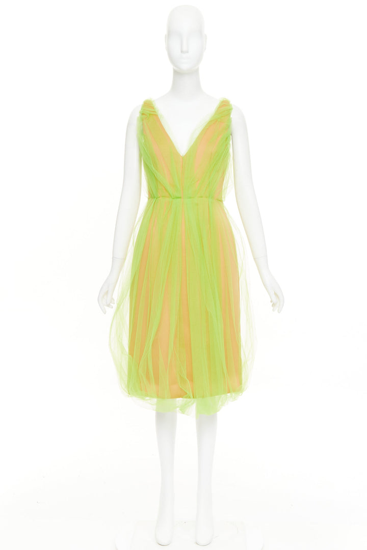 PRADA 2018 Runway neon green Technical Tulle Overlay V-Neck Bubble Dress IT42 M