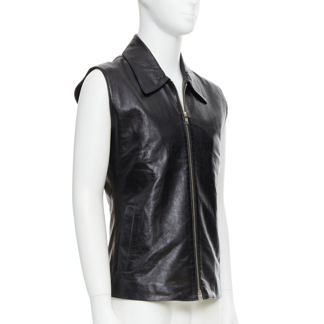 ANN DEMEULEMEESTER Vintage black genuine leather silver zip front vest S