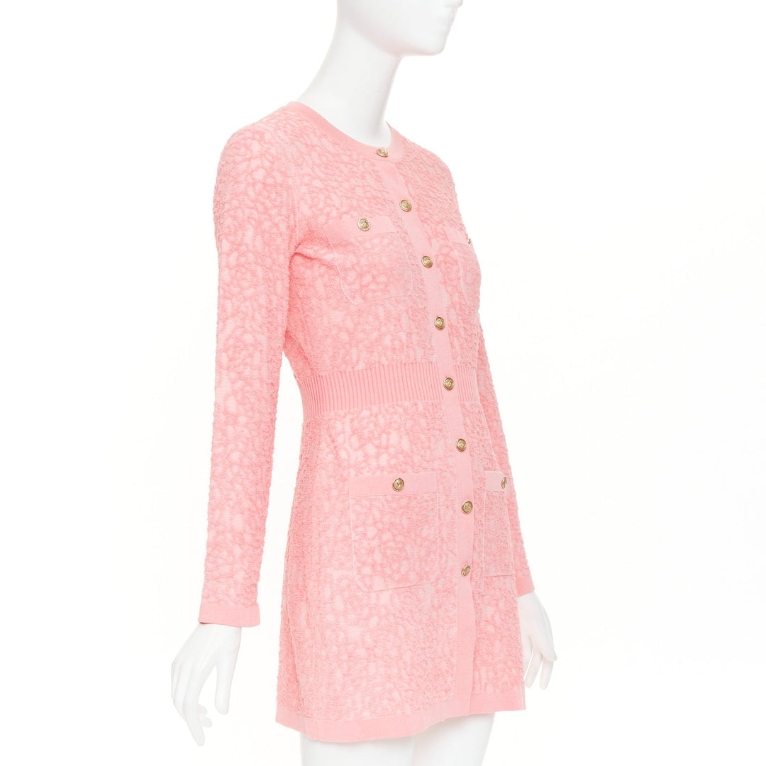 CHANEL 21C light pink embossed camelia boucle intarsia knit mini dress FR36 S
