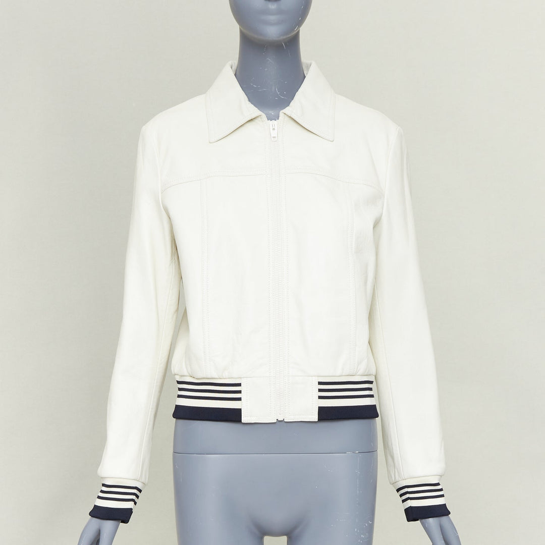 CELINE  cream textured lamb leather black striped ribbed cropped jacket FR38 M
