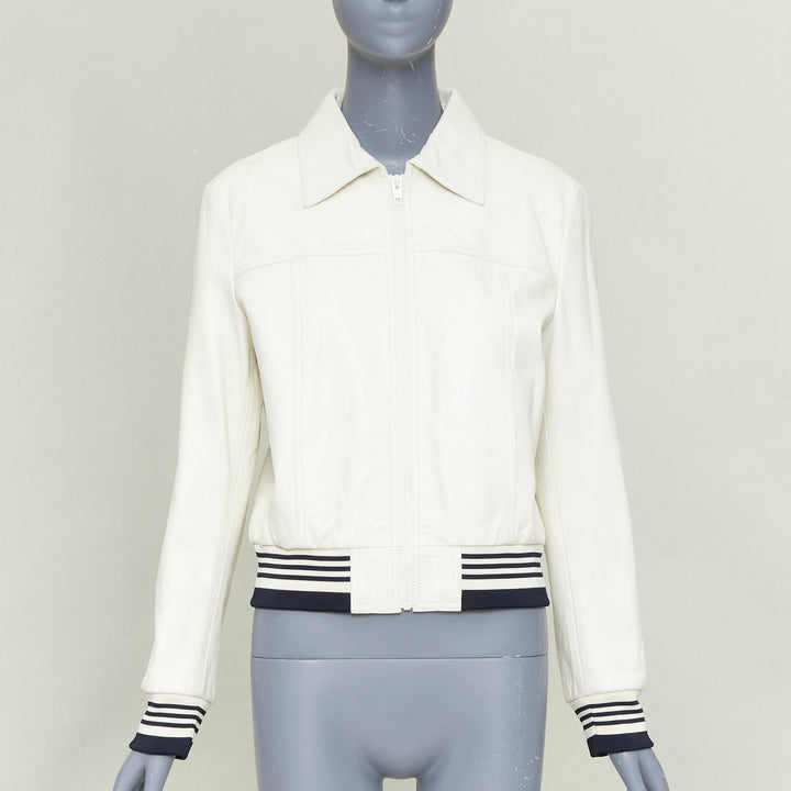 CELINE  cream textured lamb leather black striped ribbed cropped jacket FR38 M