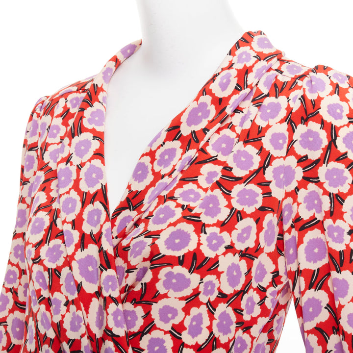 DIANE VON FURSTENBERG Carla  100% silk  red purple floral wrap dress US2 S