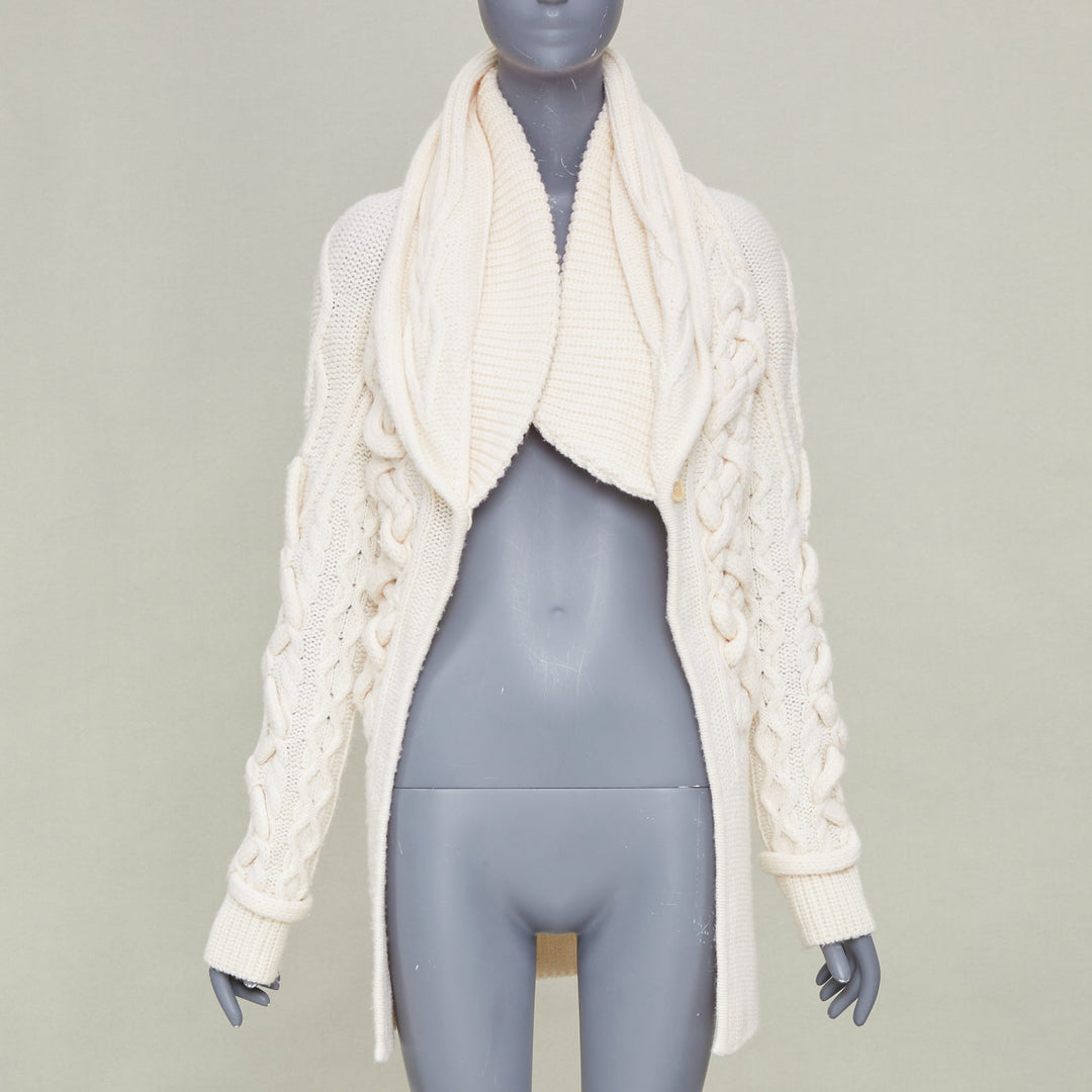 GIVENCHY 2011 strategic chunky cable knit cream cowl neck long cardigan top XS