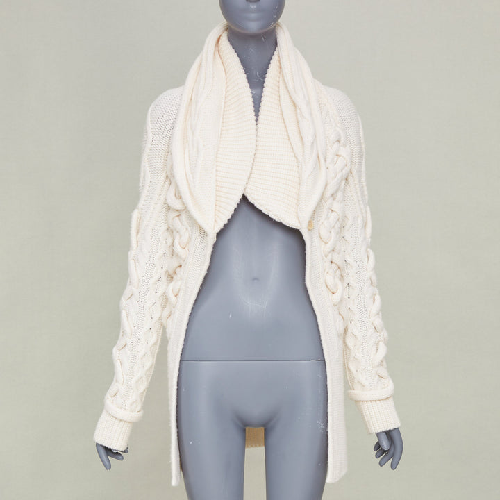 GIVENCHY 2011 strategic chunky cable knit cream cowl neck long cardigan top XS