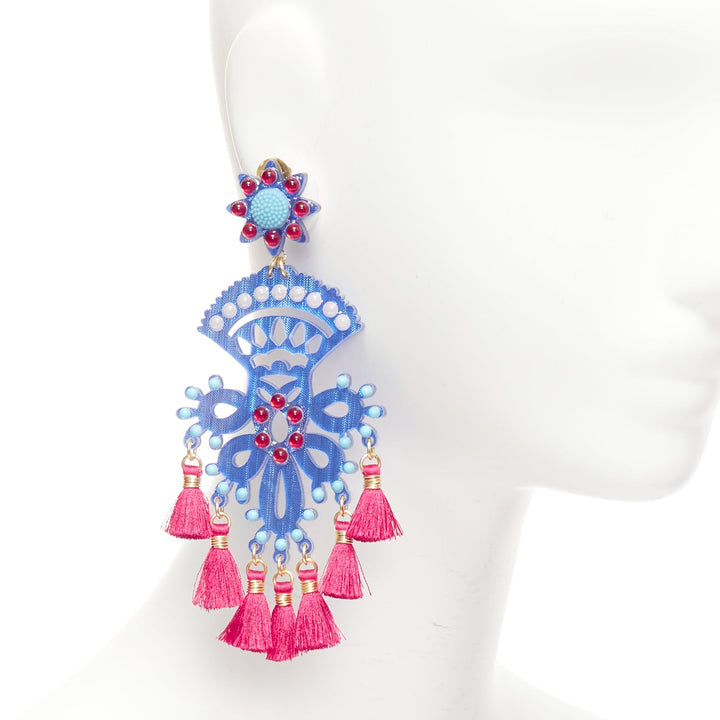 MERCEDES SALAZAR red blue acrylic beads tassel dangling clip on earrings Pair