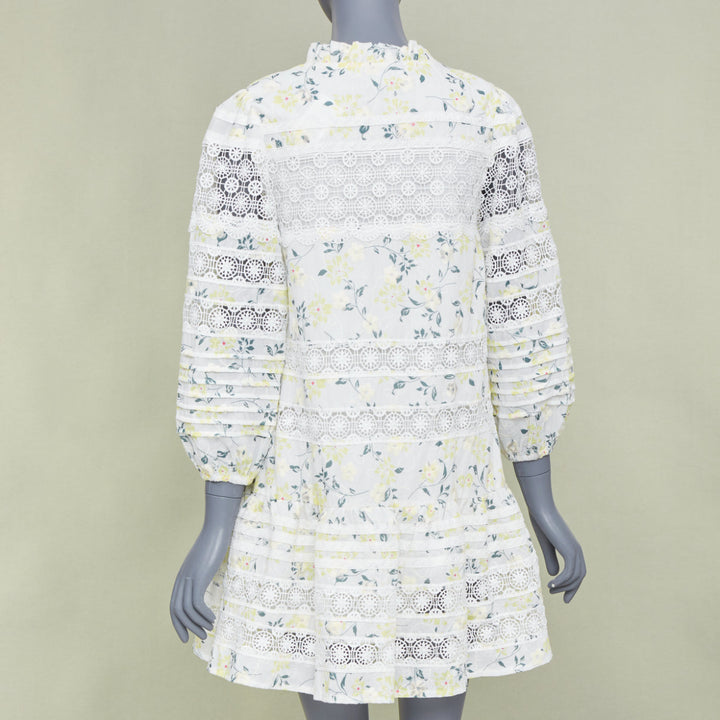 EN SAISON yellow multi floral printed eyelet lace tiered mini dress S