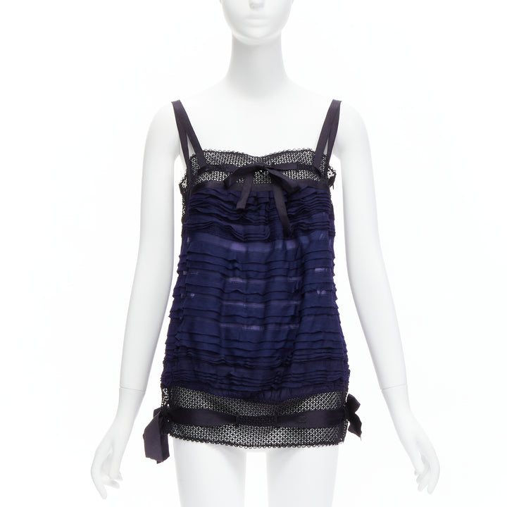 CHANEL black navy CC logo ribbon pleat tiered layered vest top FR40 L