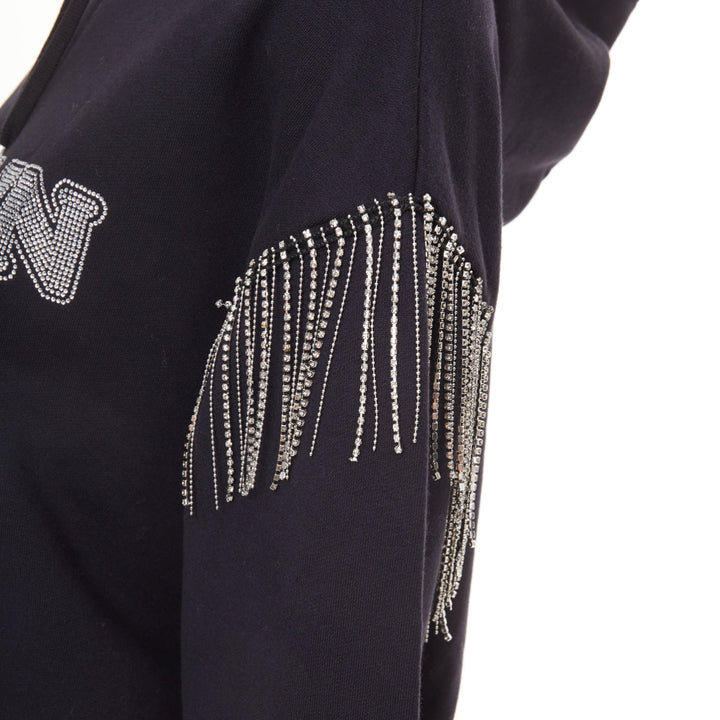 BALMA 2024 black crystal logo embellished fringe cropped hoodie sweatshirt XS