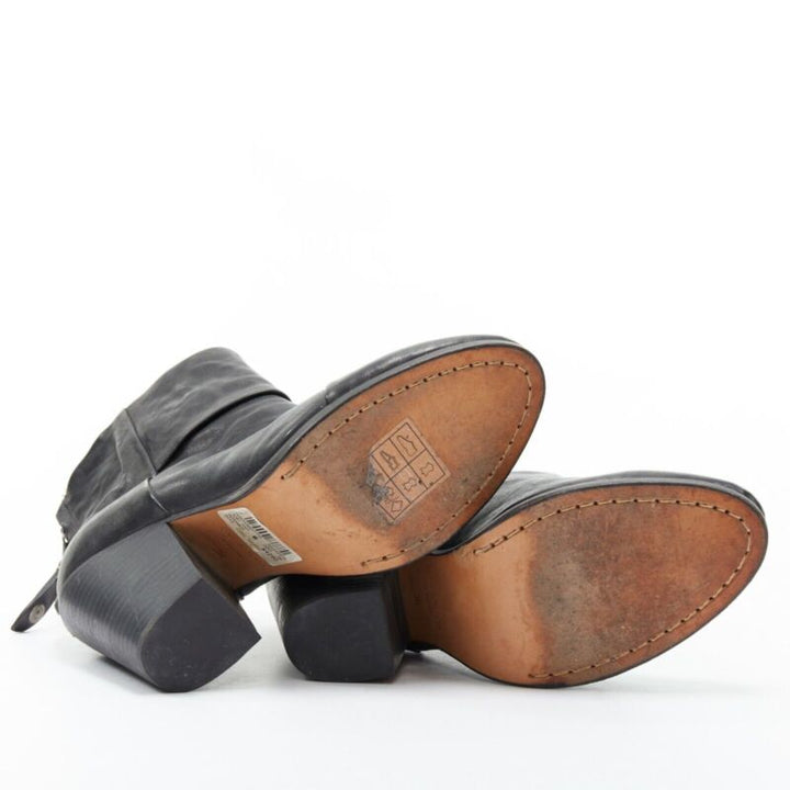RAG BONE black leather round toe chunky stacked heel western ankle boot EU36