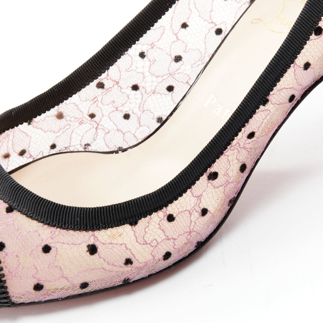 CHRISITIAN LOUBOUTIN Souris 70 pink lace polka dot bow kitten heel EU37.5