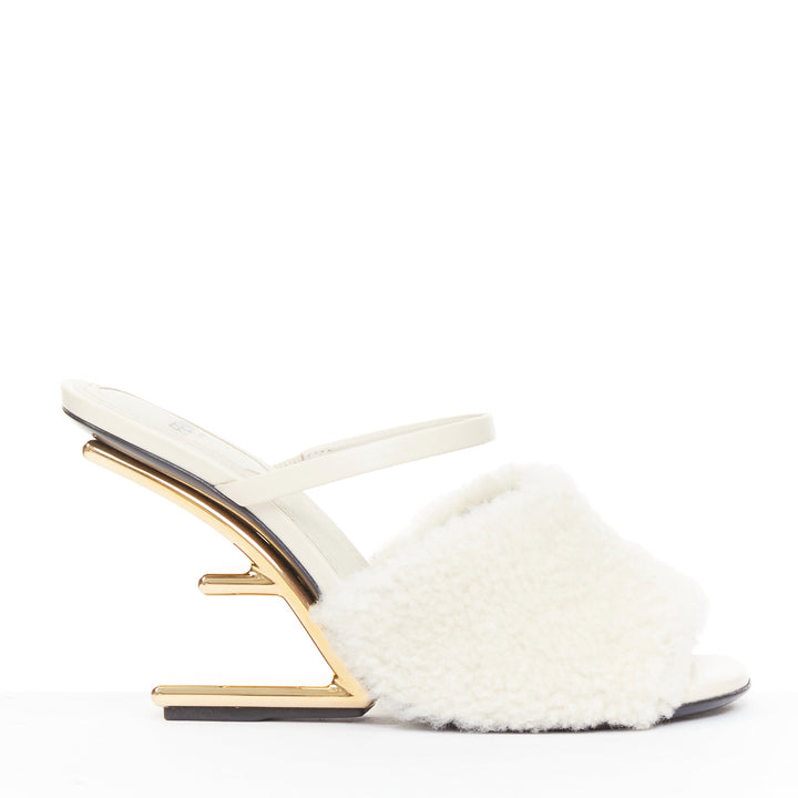 FENDI 2021 Runway First cream shearling gold F heel mule sandals EU35