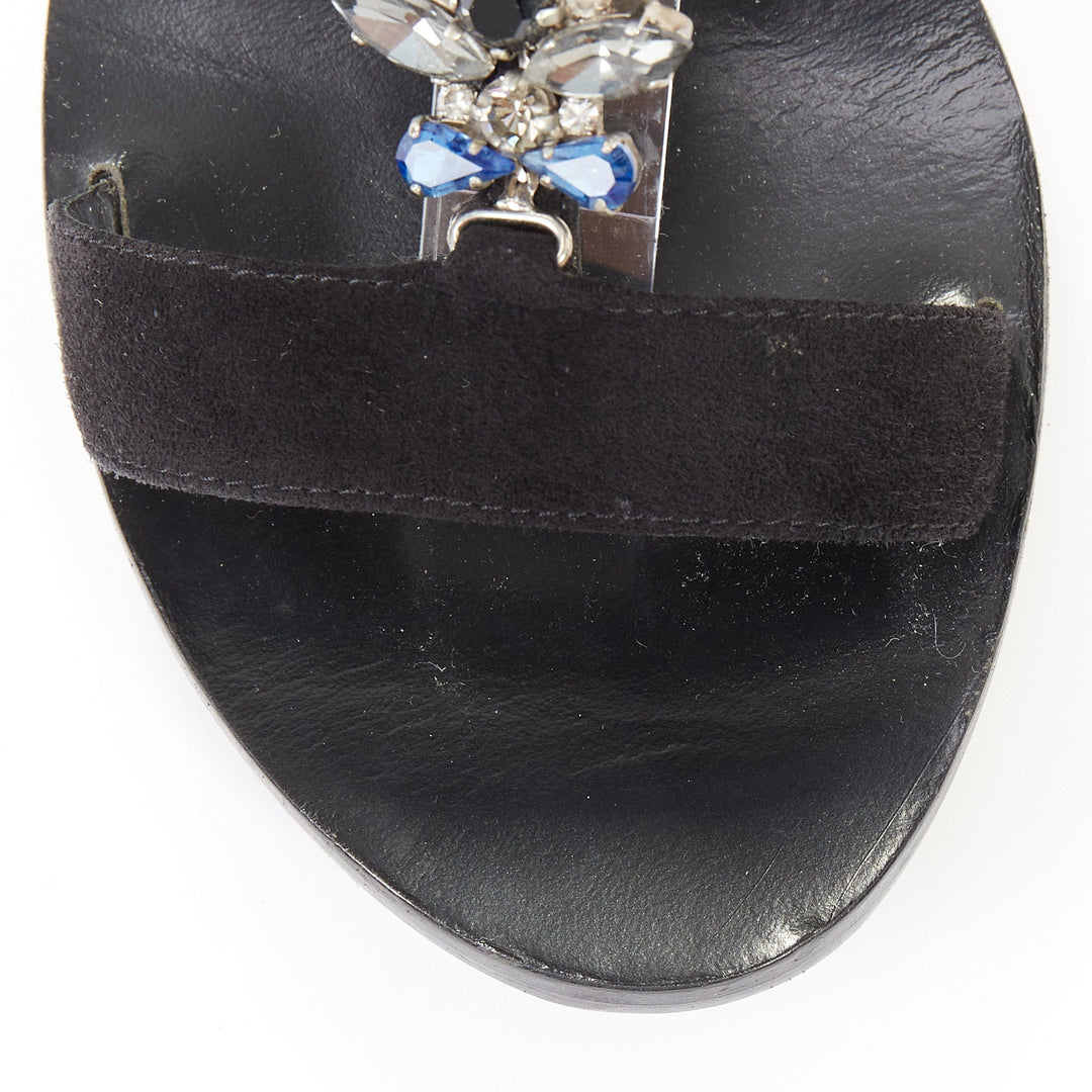 SALVATORE FERRAGAMO blue crystal black suede low block heel tstrap sandals UK6.5