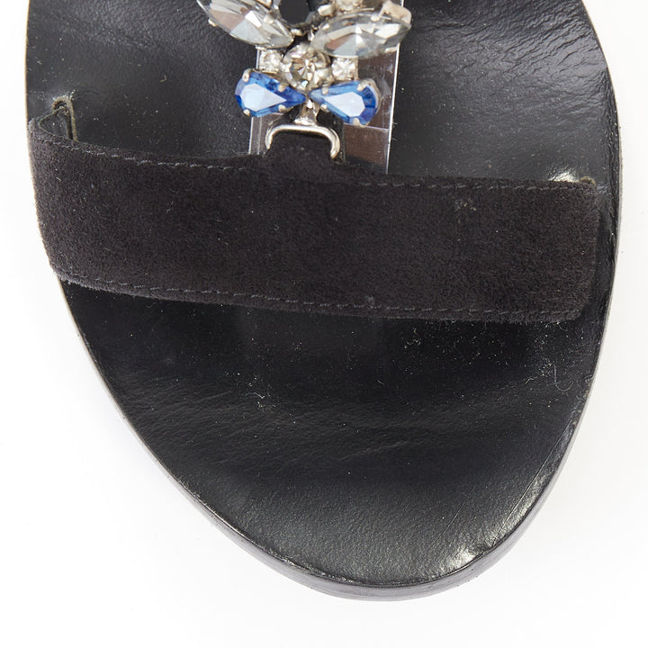 SALVATORE FERRAGAMO blue crystal black suede low block heel tstrap sandals UK6.5
