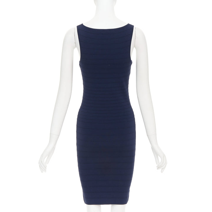 DONNA KARAN navy viscose blend bateau neck bandage bodycon dress S
