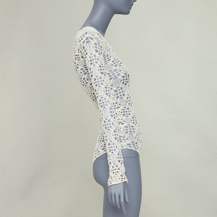 COMME DES GARCONS beige nylon braided crochet open knit mesh bodysuit leotard