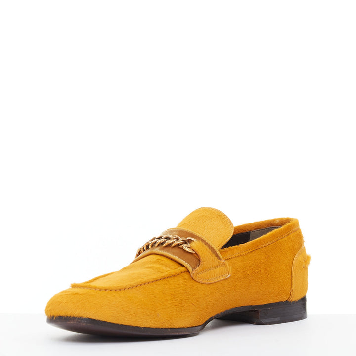 TOM FORD mustard yellow calf hair gold chain velvet moccasin loafers UK8 EU42