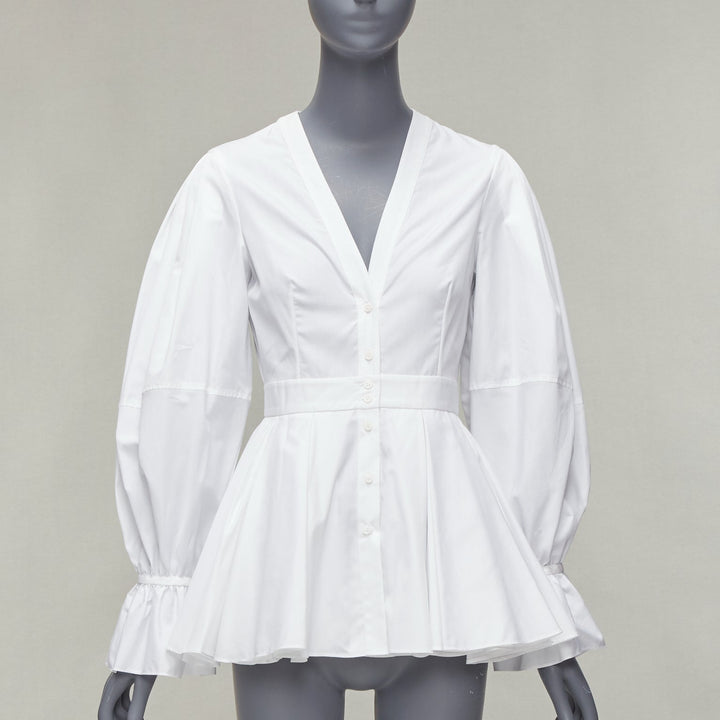 ALEXANDER MCQUEEN white cotton V-neck balloon sleeve peplum dress shirt IT38 XS