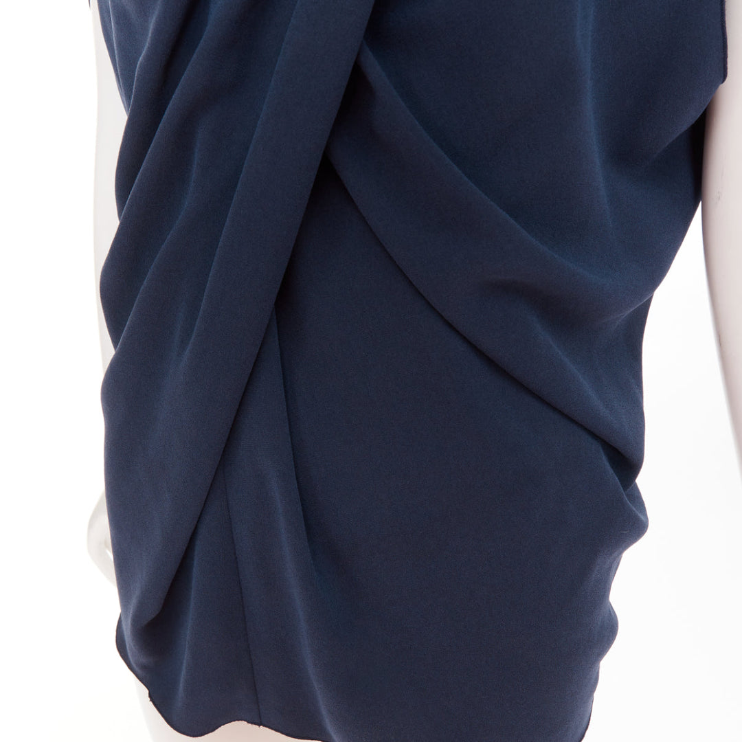 LANVIN 2009 navy triacetate blend twist front square neck ruched top FR34 XS