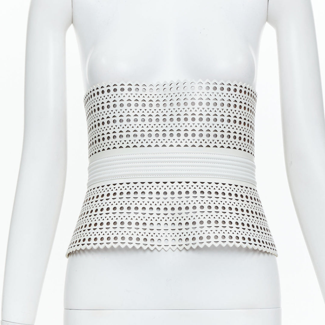 ALAIA Runway Le Corset Vienne laser cut white calfskin leather belt 65cm