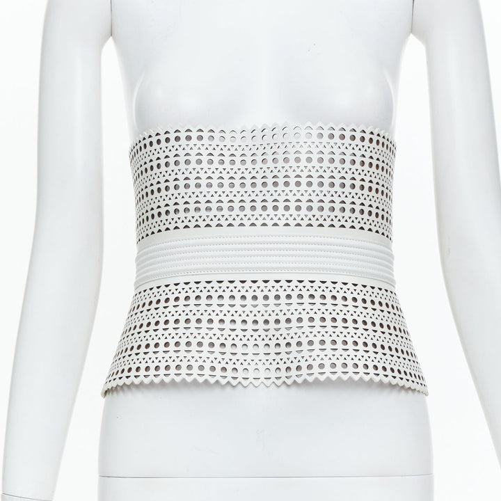 ALAIA Runway Le Corset Vienne laser cut white calfskin leather belt 65cm