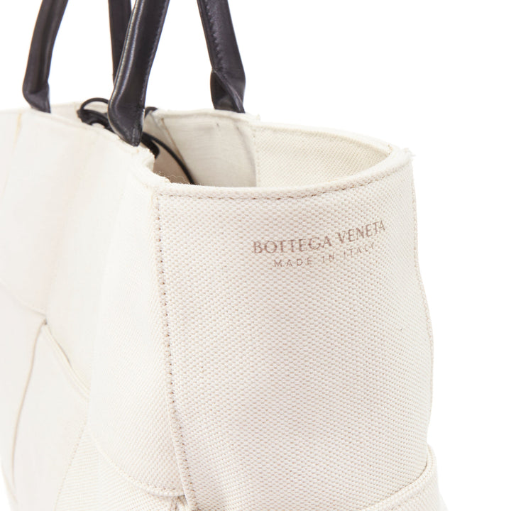 BOTTEGA VENETA Large Arco Intrecciato weave off white canvas black leather tote