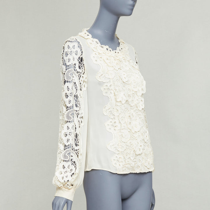 OSCAR DE LA RENTA cream 100% silk floral lace appliqu‚àö¬© peasant blouse US2 S
