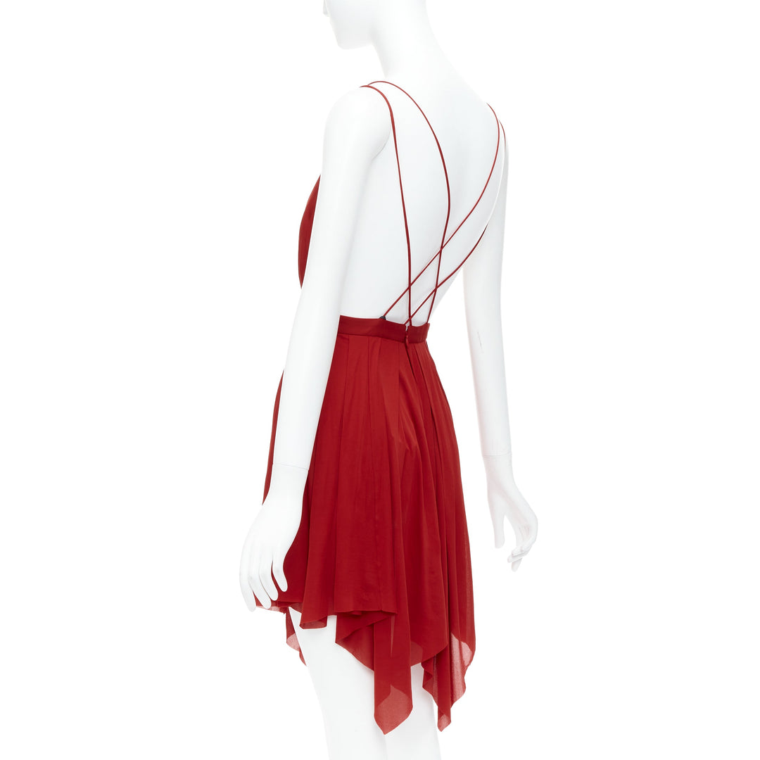 BALMAIN red draped viscose backless plunge neck cocktail dress FR36 S