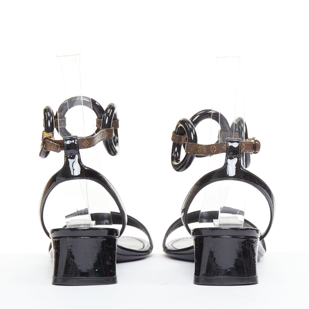 LOUIS VUITTON Vedette black patent brown LV monogram logo sandals EU38