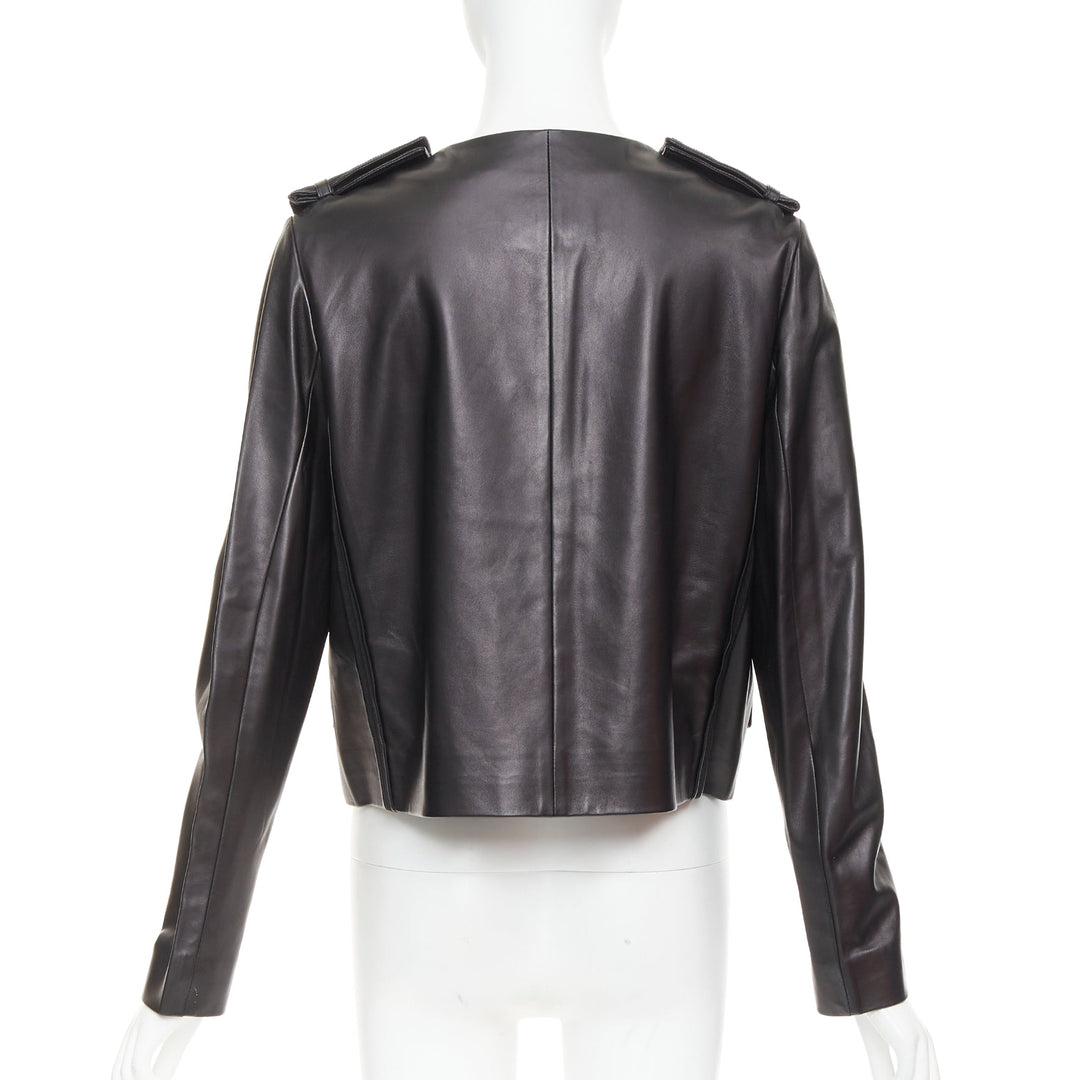 PRADA 2015 black lambskin leather grosgrain trim cropped military jacket IT44 L