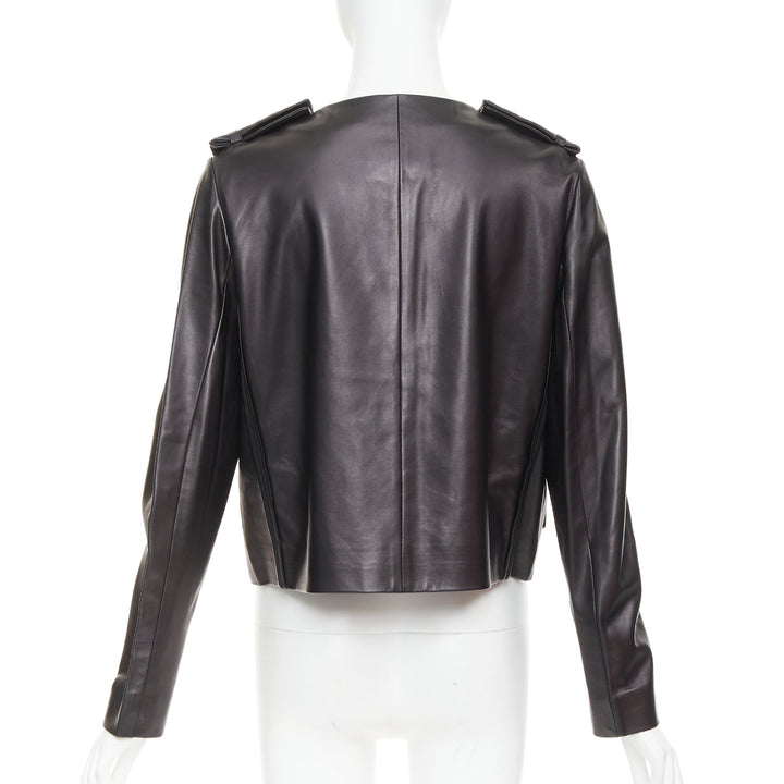 PRADA 2015 black lambskin leather grosgrain trim cropped military jacket IT44 L