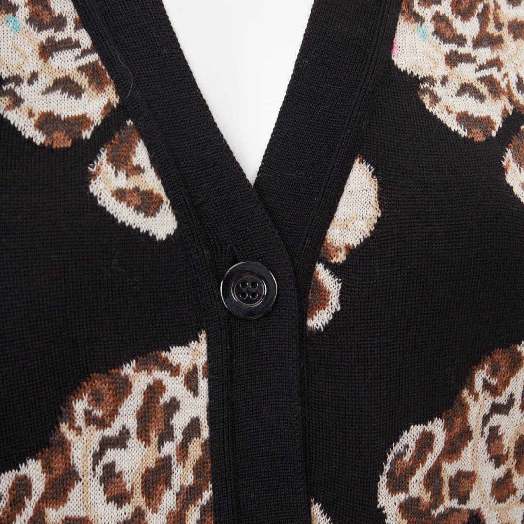 MOSCHINO Leopard Teddy black brown virgin wool knit long cardigan IT38 XS