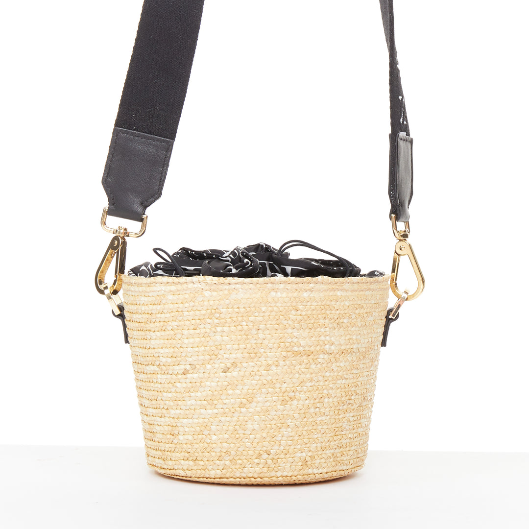 MAISON MICHEL 2024 Cassie Bucket beige raffia nylon monogram strap crossbody bag