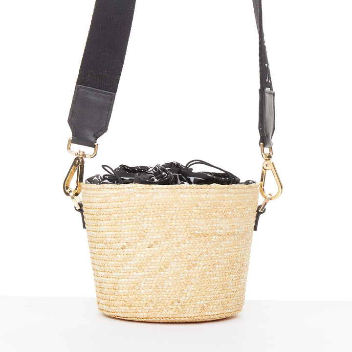 MAISON MICHEL 2024 Cassie Bucket beige raffia nylon monogram strap crossbody bag