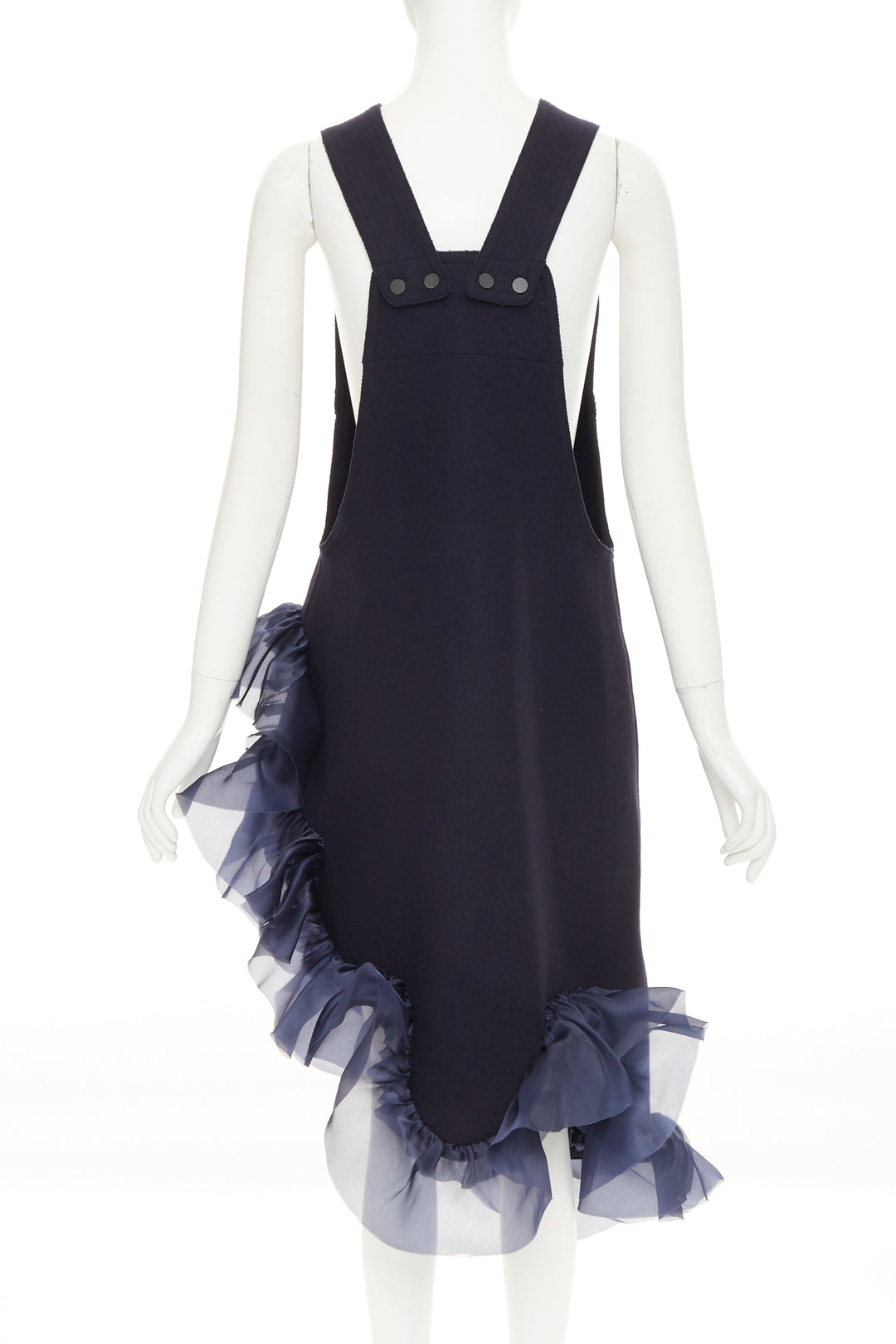 ROBERTS WOOD navy wool felt silk ruffle asymmetric shift dress S