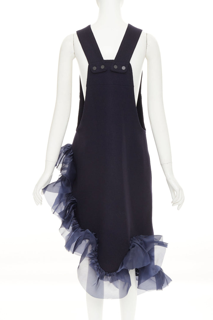 ROBERTS WOOD navy wool felt silk ruffle asymmetric shift dress S