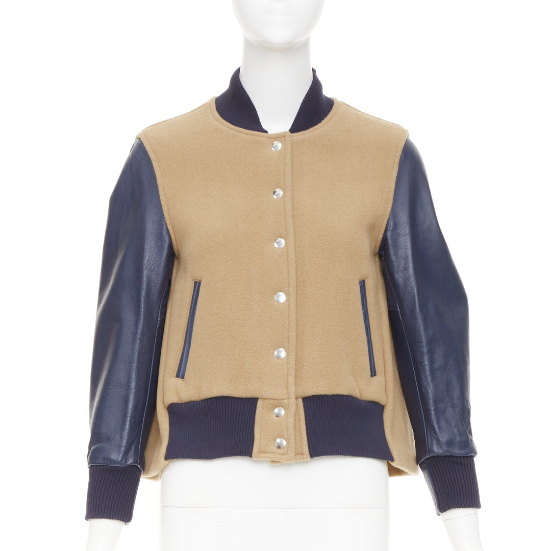 SACAI LUCK camel wool leather sleeve flared collegiate bomber jacket JP1 S