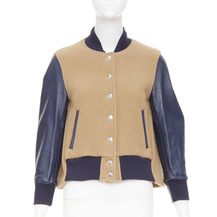 SACAI LUCK camel wool leather sleeve flared collegiate bomber jacket JP1 S