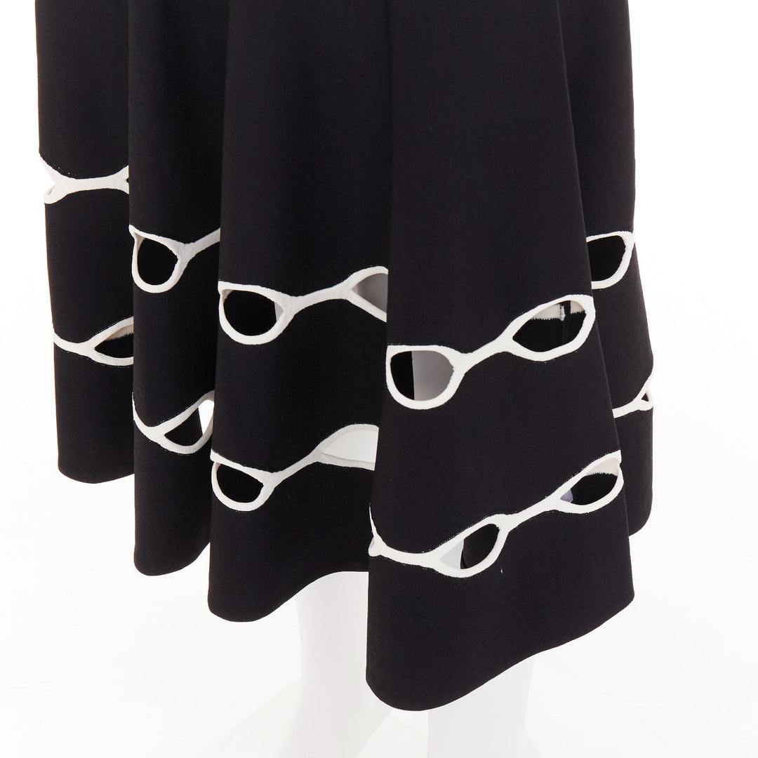 ALEXANDER MCQUEEN 2018 black knit white scalloped openwork bateau midi dress S