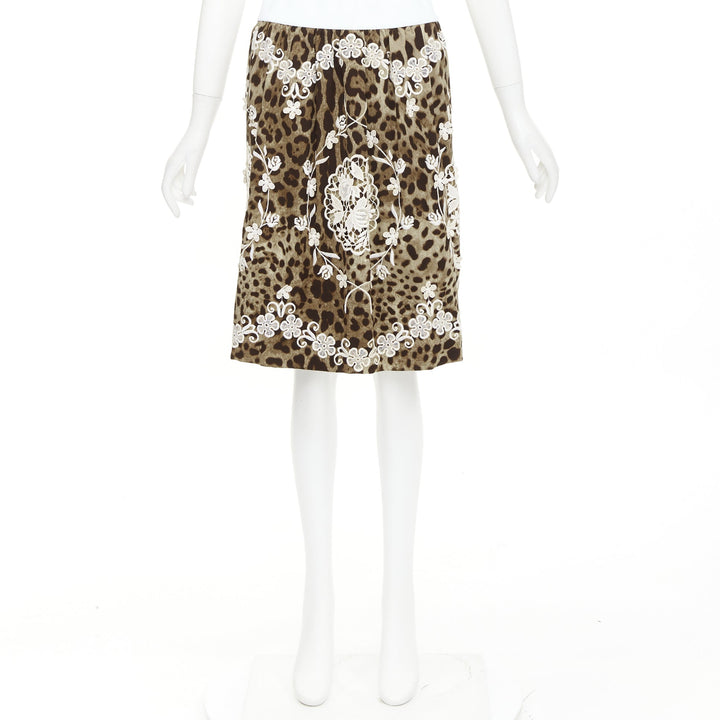 DOLCE GABBANA brown silk leopard print cream anglais embroidery skirt IT40 S