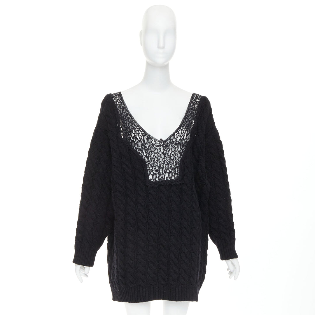 BALENCIAGA DEMNA 2017 black wool cable knit lace plunge oversized sweater FR