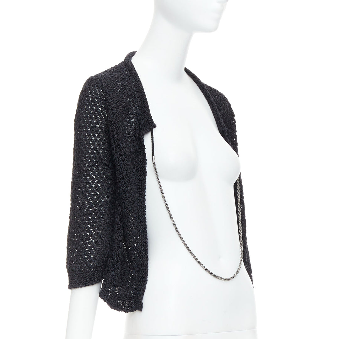 CHANEL 2004 black cotton blend CC chain link open knit cardigan FR38 M