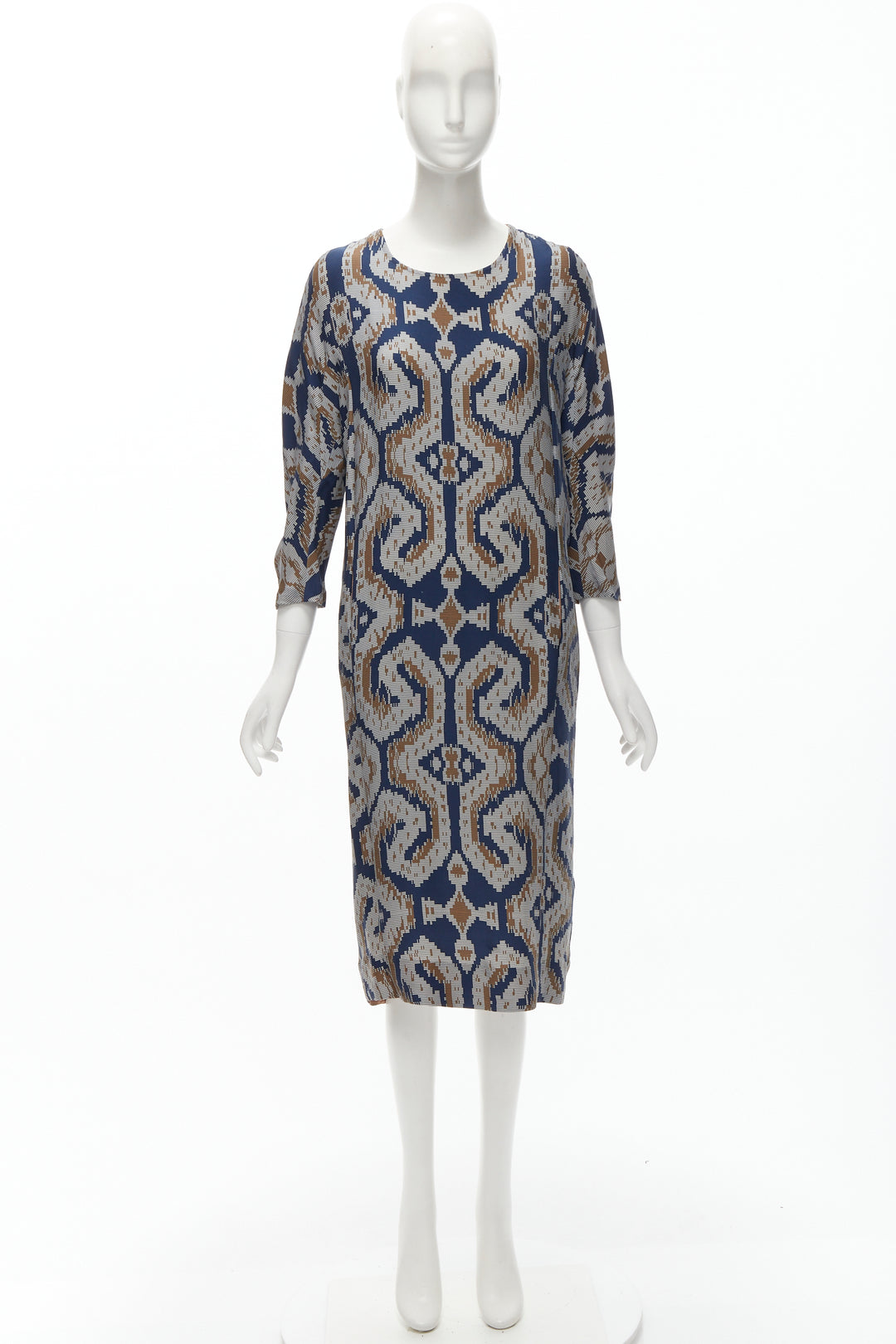 BY MALENE BIRGER blue grey ethnic round crew neck midi dress FR36 S