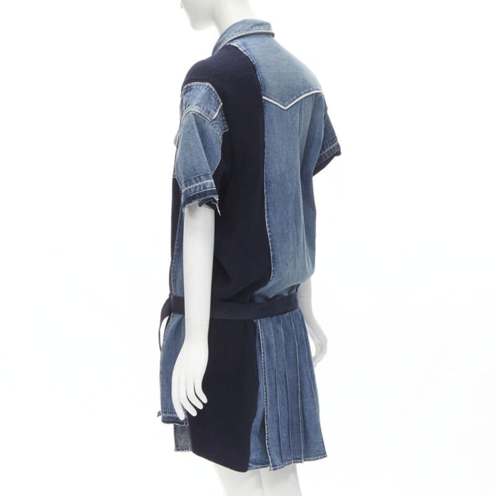 SACAI 2018 washed denim knit insert belted skirt dress JP3 L