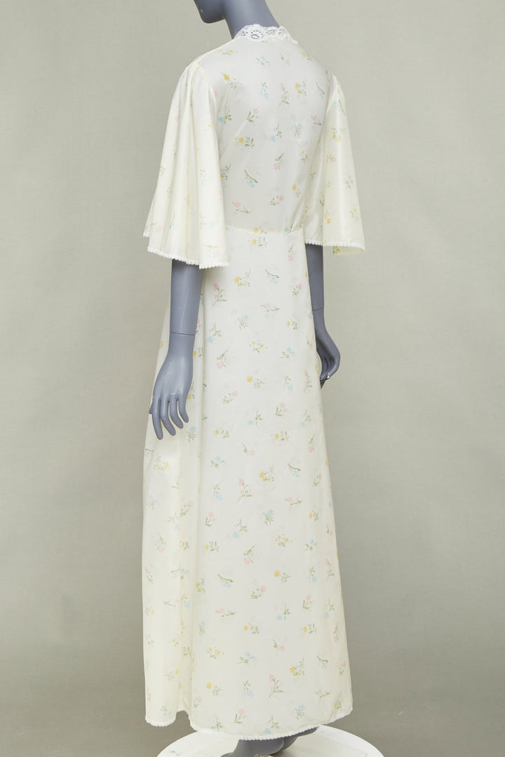 CHRISTIAN DIOR Vintage Sleepwear floral lace trim pastel yellow peignoir robe