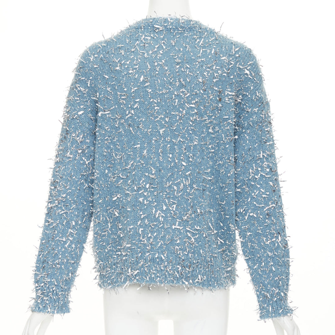 MSGM 2023 misty blue silver metallic foil speckle crewneck sweater XS