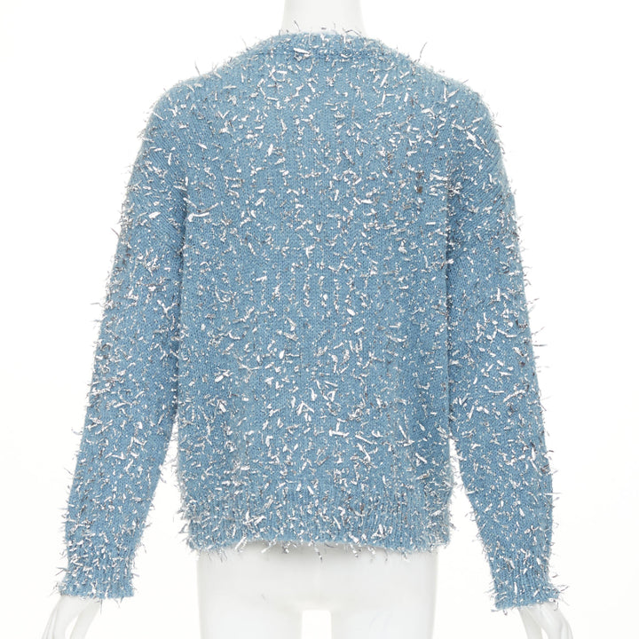 MSGM 2023 misty blue silver metallic foil speckle crewneck sweater XS