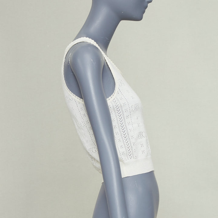 CELINE 2022 Triomphe Logo off white cotton pointelle knit cropped tank top S