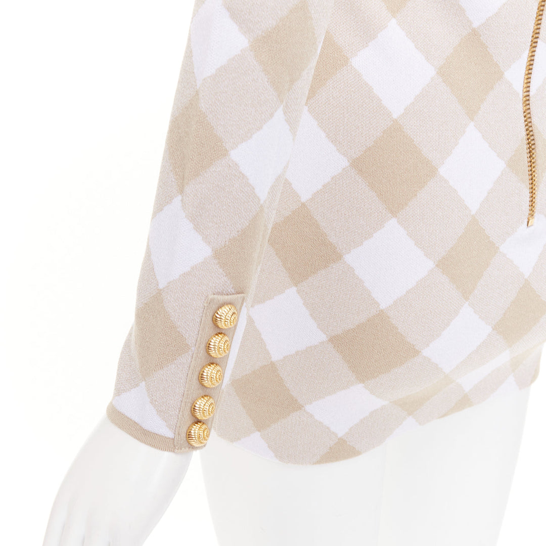 BALMAIN Vichy nude white gingham checkered dress gold buttons dress FR34 XS